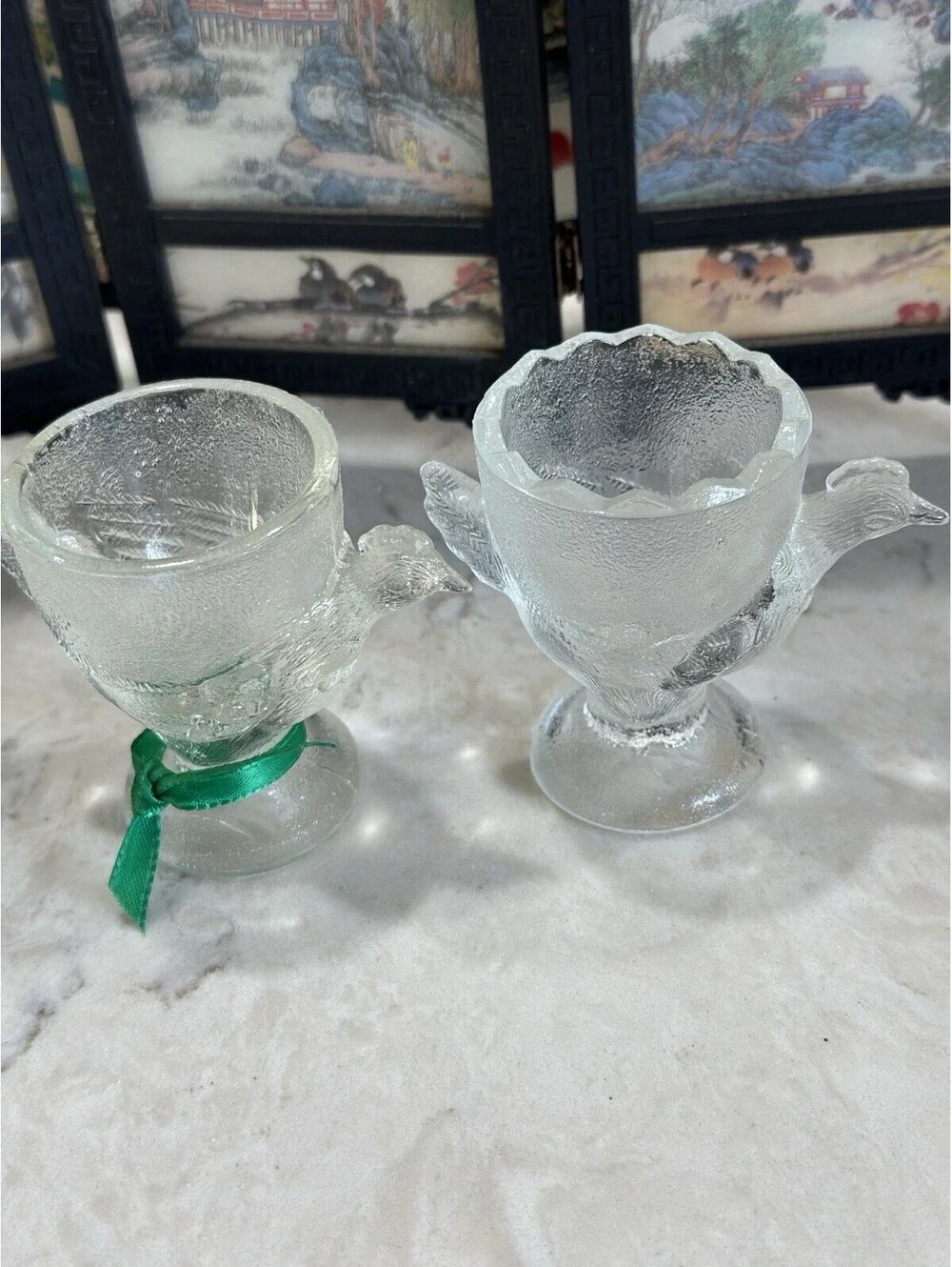 Mid Century Vintagepressed glass figural chicken egg cups Set Of 2